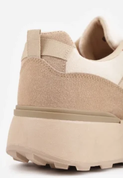 Ciemnobeżowe Sznurowane Płaskie Sneakersy z Kolorowymi Wstawkami Wonise