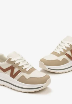 Ciemnobeżowe Sznurowane Sneakersy z Geometrycznymi Wstawkami na Grubej Podeszwie Literna