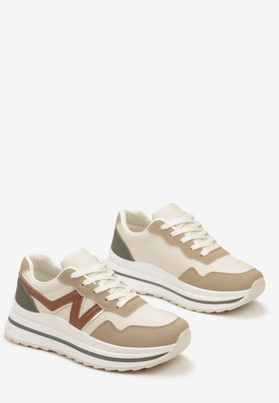 Ciemnobeżowe Sznurowane Sneakersy z Geometrycznymi Wstawkami na Grubej Podeszwie Literna