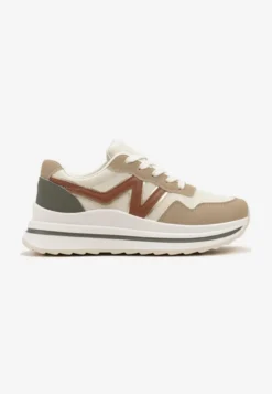 Ciemnobeżowe Sznurowane Sneakersy z Geometrycznymi Wstawkami na Grubej Podeszwie Literna