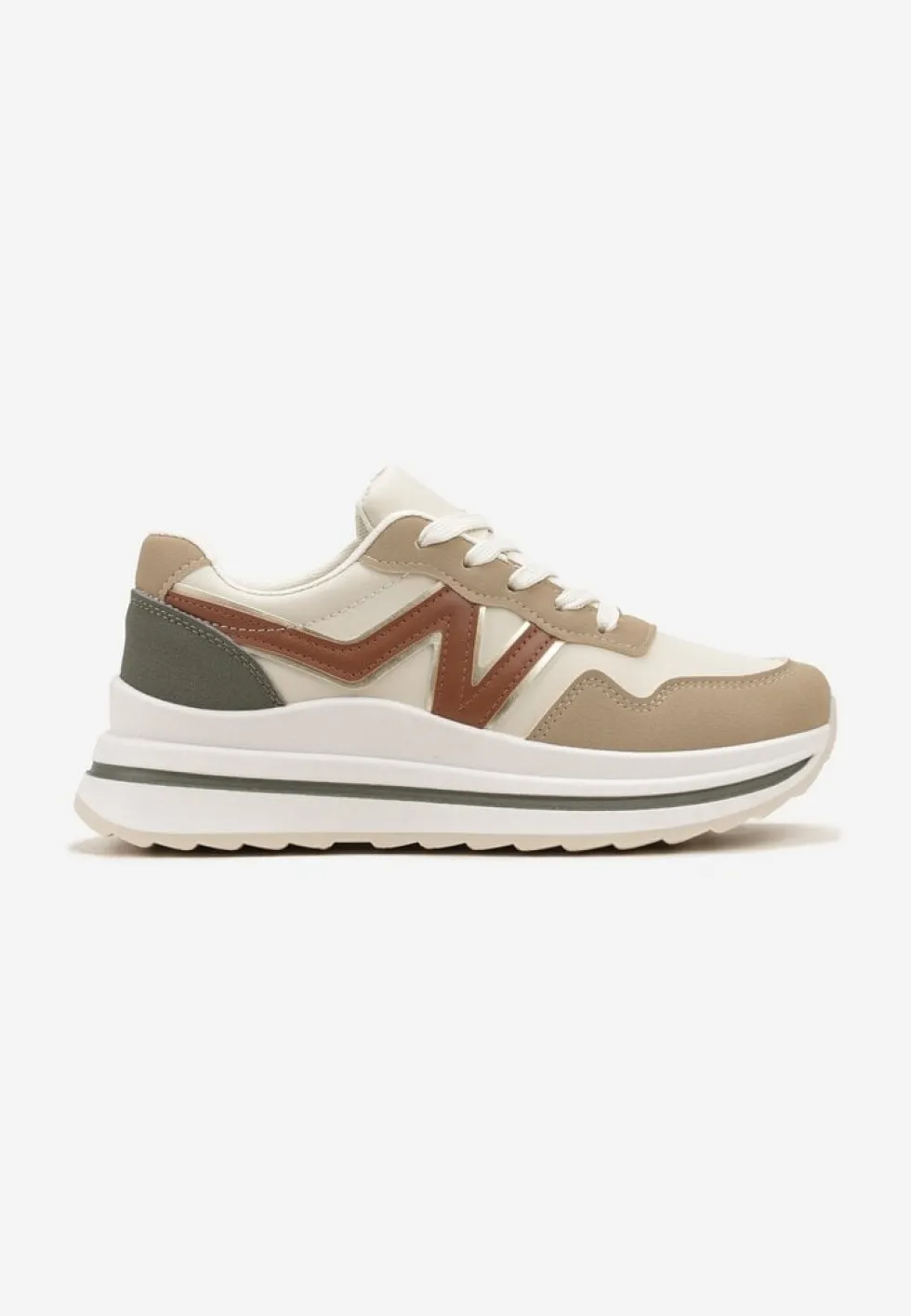 Ciemnobeżowe Sznurowane Sneakersy z Geometrycznymi Wstawkami na Grubej Podeszwie Literna