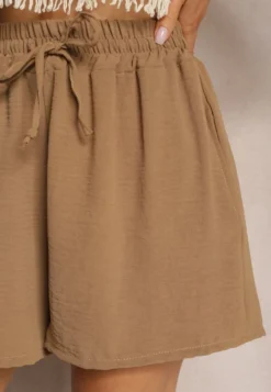 Ciemnobeżowe Szorty o Luźnym Kroju High Waist z Gumką w Talii Vimallora