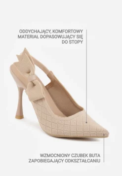 Ciemnobeżowe Szpilki Slingback VICES z Elastycznej Dzianiny z Wkładką Soft-Pillow i Ozdobną Kokardą Risnara