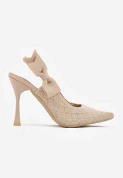 Ciemnobeżowe Szpilki Slingback VICES z Elastycznej Dzianiny z Wkładką Soft-Pillow i Ozdobną Kokardą Risnara