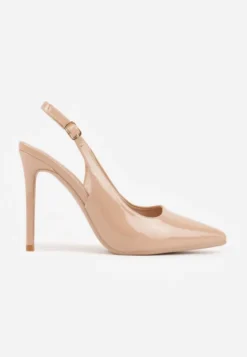 Ciemnobeżowe Szpilki Slingback VICES z Lakierowanym Połyskiem i Skórzaną Wkładką Marinja