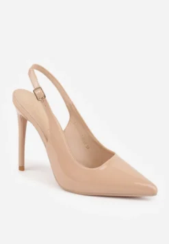 Ciemnobeżowe Szpilki Slingback VICES z Lakierowanym Połyskiem i Skórzaną Wkładką Marinja