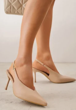 Ciemnobeżowe Szpilki Slingback VICES z Cholewką z Wycięciem V Natonale