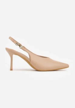 Ciemnobeżowe Szpilki Slingback VICES z Cholewką z Wycięciem V Natonale