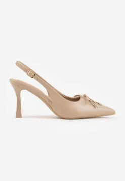Ciemnobeżowe Szpilki Slingback VICES Zdobione Gorsetowym Wiązaniem z Kokardą Azimuna