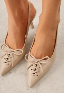Ciemnobeżowe Szpilki Slingback VICES Zdobione Gorsetowym Wiązaniem z Kokardą Azimuna
