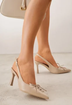 Ciemnobeżowe Szpilki Slingback VICES Zdobione Gorsetowym Wiązaniem z Kokardą Azimuna