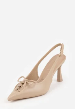 Ciemnobeżowe Szpilki Slingback VICES Zdobione Gorsetowym Wiązaniem z Kokardą Azimuna