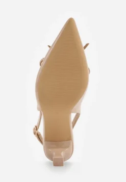 Ciemnobeżowe Szpilki Slingback VICES Zdobione Gorsetowym Wiązaniem z Kokardą Azimuna