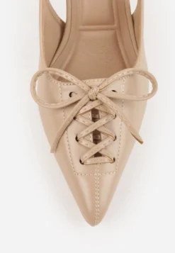 Ciemnobeżowe Szpilki Slingback VICES Zdobione Gorsetowym Wiązaniem z Kokardą Azimuna