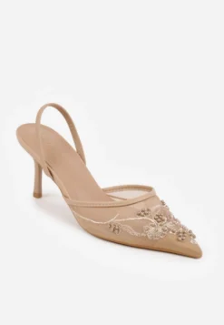 Ciemnobeżowe Szpilki VICES Slingback z Noskami w Szpic Ozdobionymi Haftem i Koralikami Laraidina