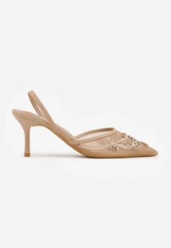 Ciemnobeżowe Szpilki VICES Slingback z Noskami w Szpic Ozdobionymi Haftem i Koralikami Laraidina