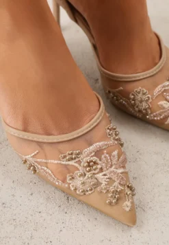 Ciemnobeżowe Szpilki VICES Slingback z Noskami w Szpic Ozdobionymi Haftem i Koralikami Laraidina