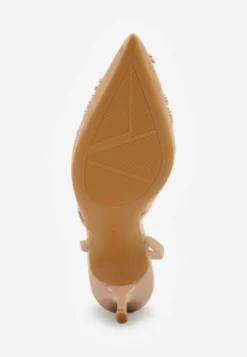 Ciemnobeżowe Szpilki VICES Slingback z Noskami w Szpic Ozdobionymi Haftem i Koralikami Laraidina