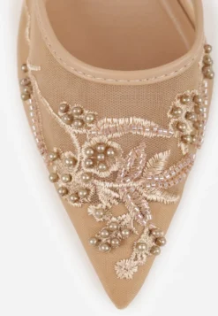 Ciemnobeżowe Szpilki VICES Slingback z Noskami w Szpic Ozdobionymi Haftem i Koralikami Laraidina
