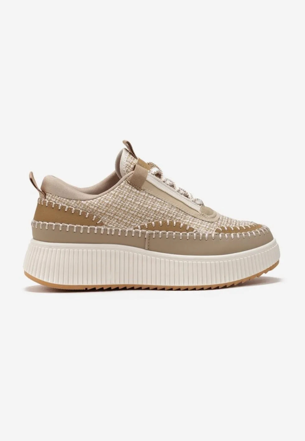 Ciemnobeżowe Tweedowe Sneakersy na Platformie z Przeszyciem Orilenes