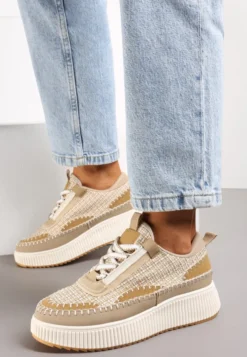 Ciemnobeżowe Tweedowe Sneakersy na Platformie z Przeszyciem Orilenes