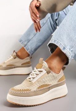 Ciemnobeżowe Tweedowe Sneakersy na Platformie z Przeszyciem Orilenes