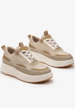 Ciemnobeżowe Tweedowe Sneakersy na Platformie z Przeszyciem Orilenes