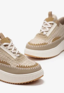 Ciemnobeżowe Tweedowe Sneakersy na Platformie z Przeszyciem Orilenes