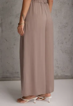 Ciemnobeżowe Wiskozowe Spodnie Szerokie High Waist Rissalene