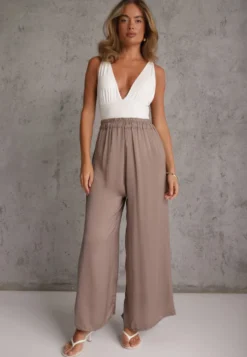 Ciemnobeżowe Wiskozowe Spodnie Szerokie High Waist Rissalene