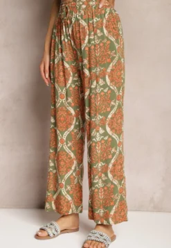 Ciemnobeżowe Wiskozowe Spodnie Boho High Waist z Szerokimi Nogawkami i Gumką w Talii Tiamarra