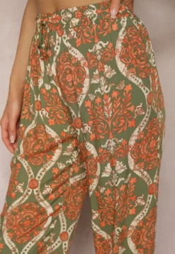Ciemnobeżowe Wiskozowe Spodnie Boho High Waist z Szerokimi Nogawkami i Gumką w Talii Tiamarra