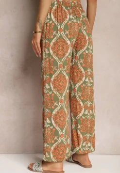 Ciemnobeżowe Wiskozowe Spodnie Boho High Waist z Szerokimi Nogawkami i Gumką w Talii Tiamarra