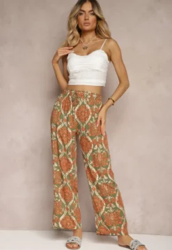 Ciemnobeżowe Wiskozowe Spodnie Boho High Waist z Szerokimi Nogawkami i Gumką w Talii Tiamarra