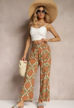 Ciemnobeżowe Wiskozowe Spodnie Boho High Waist z Szerokimi Nogawkami i Gumką w Talii Tiamarra