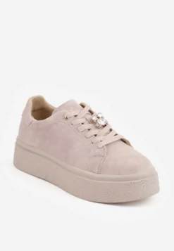 Ciemnobeżowe Zamszowe Sneakersy na Platformie z Cyrkoniową Aplikacją Sulis