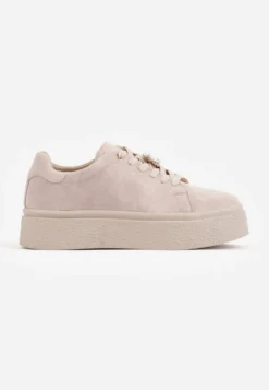 Ciemnobeżowe Zamszowe Sneakersy na Platformie z Cyrkoniową Aplikacją Sulis