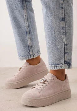 Ciemnobeżowe Zamszowe Sneakersy na Platformie z Cyrkoniową Aplikacją Sulis