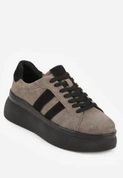 Ciemnobeżowe Zamszowe Sneakersy Chunky na Platformie Teslara