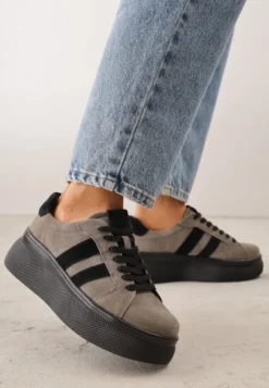 Ciemnobeżowe Zamszowe Sneakersy Chunky na Platformie Teslara