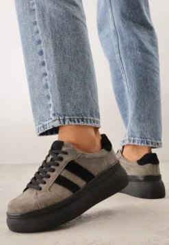 Ciemnobeżowe Zamszowe Sneakersy Chunky na Platformie Teslara