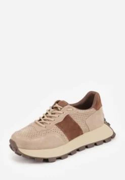 Ciemnobeżowe Zamszowe Sneakersy na Podeszwie Chunky z Perforowaną Cholewką Cezarlina