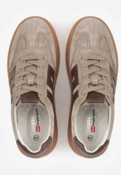 Ciemnobeżowe Zamszowe Sneakersy na Kauczukowej Podeszwie z Geometrycznym Wzorem Ovrel