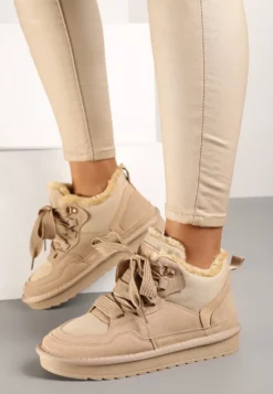 Ciemnobeżowe Zimowe Sneakersy Vices Stylizowane na Śniegowce z Futerkiem Tennira