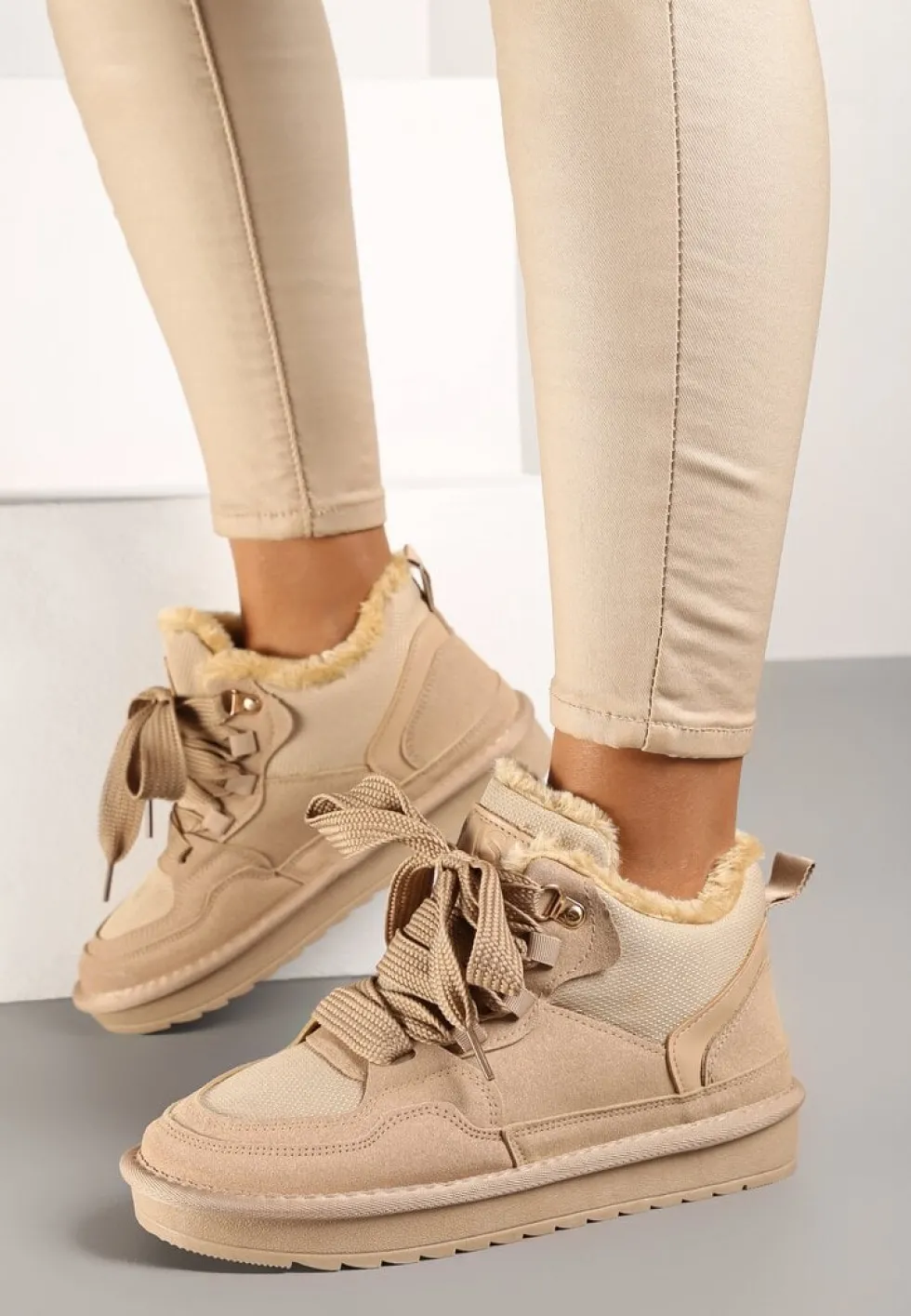 Ciemnobeżowe Zimowe Sneakersy Vices Stylizowane na Śniegowce z Futerkiem Tennira