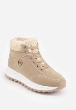 Ciemnobeżowe Zimowe Sneakersy ze Sztucznym Futerkiem Turelia