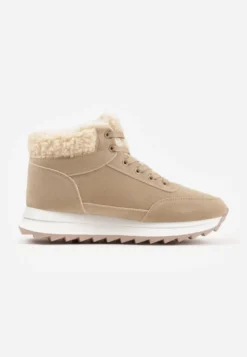 Ciemnobeżowe Zimowe Sneakersy ze Sztucznym Futerkiem Turelia