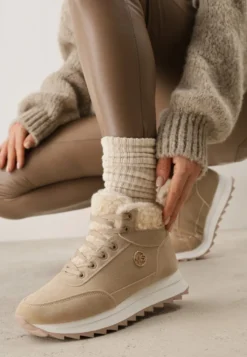 Ciemnobeżowe Zimowe Sneakersy ze Sztucznym Futerkiem Turelia