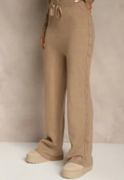 Ciemnobeżowy Dzianinowy Komplet z Wełną Spodnie Wide Leg i Sweter Cropped Nezera
