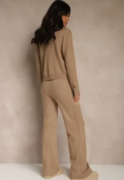 Ciemnobeżowy Dzianinowy Komplet z Wełną Spodnie Wide Leg i Sweter Cropped Nezera